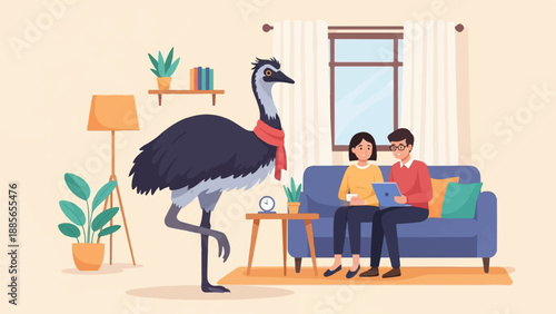 Emu with scarf stands near people using tablet on sofa