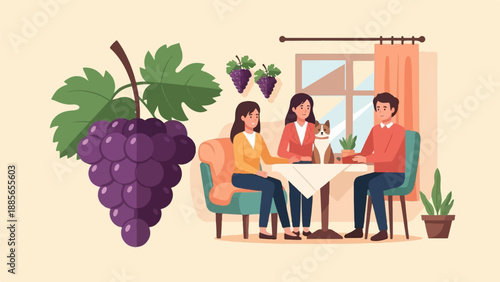 Family and cat dining indoors with grapes and potted plants