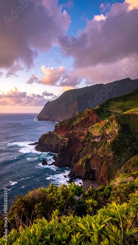 Cliffside view of coast, sky with colorful clouds, green foliage, ocean. Vertical