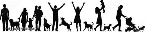 Family lifestyle silhouettes vector illustration, parents children and dogs daily activities scene with walking playing and childcare moments, happy family life concept, 