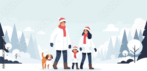 Family and dog enjoy a snowy winter landscape with pine trees