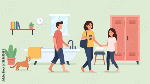 Family and dog in a room with a bathtub, lockers, and plants