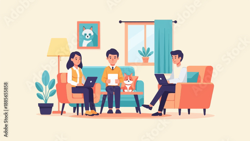 Diverse people working on laptops with a pet dog in a cozy living room