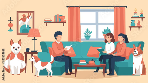 Family and dogs relaxing in a cozy living room with a painting