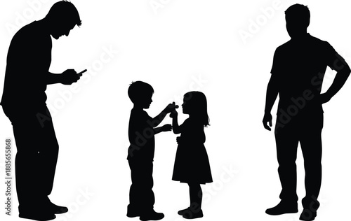 Family silhouette illustration with parents and children standing together, black figures on white background symbolizing family bonding, parenting, childhood, technology use, 