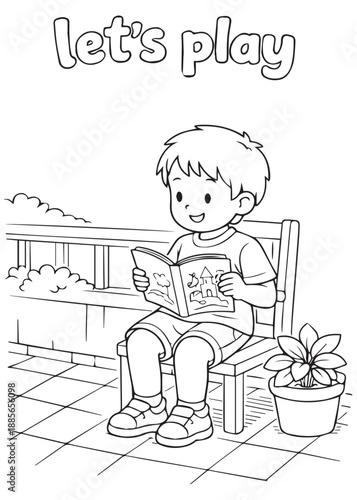 Coloring book little boy reading a book while sitting on a chair on the porch, quiet learning moment, black and white line art
