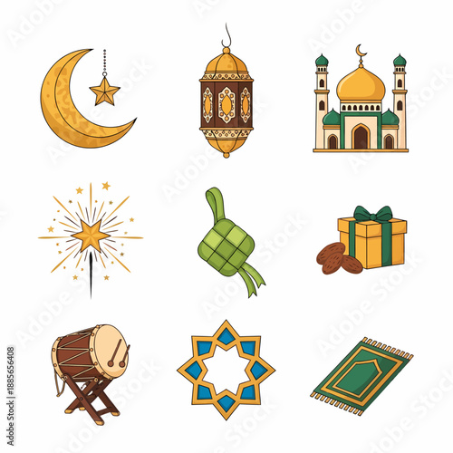 Islamic Symbols and Icons Set Illustration.