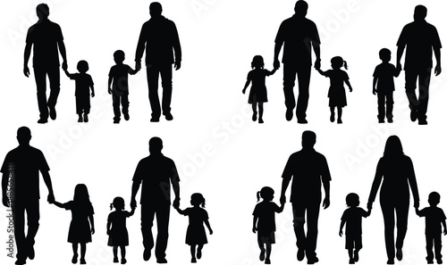 Family walking silhouette collection illustration, parents and children holding hands together, father motherhood care concept, happy family lifestyle, black vector design