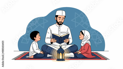 Man reading book to children sitting.