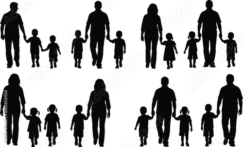 Family walking silhouette collection, parents holding children hands in loving care moments, black happy family life vector illustration isolated