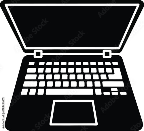 A simple and modern black icon illustrating an open laptop computer with a keyboard and trackpad.