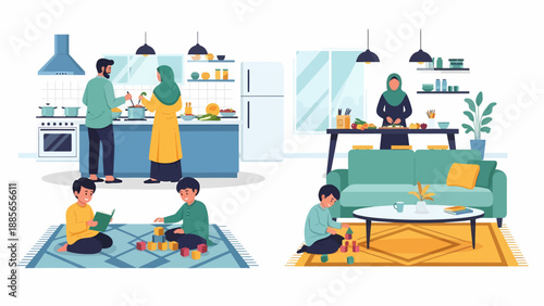 Family Scene with People in Home Setting.