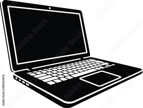 A black and white vector graphic depicting an open laptop computer on a white background
