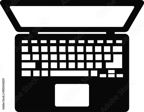 A black and white flat icon illustration of a laptop computer from a top-down view