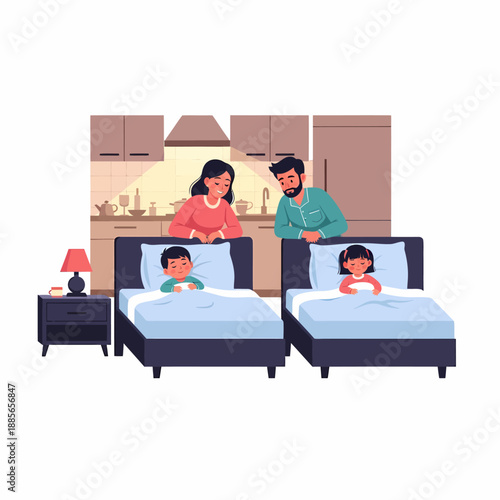 Family Sharing Bedroom with Children Sleeping.