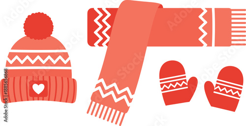 Winter accessory icon set with knit hat, scarf, and mittens, vector illustration, editable design, isolated seasonal clothing symbols