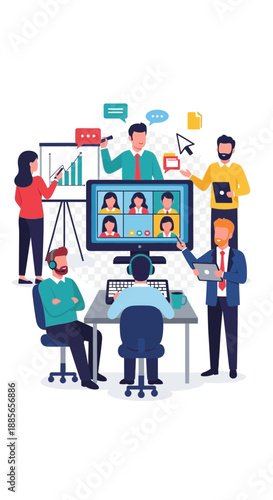 Diverse team collaborates on a video conference call.