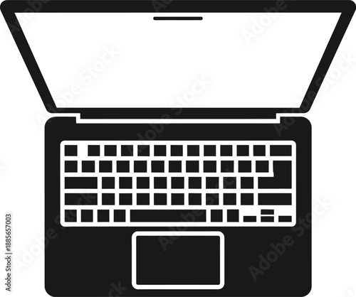 Minimalist top-down view icon of an open laptop computer in black and white silhouette design