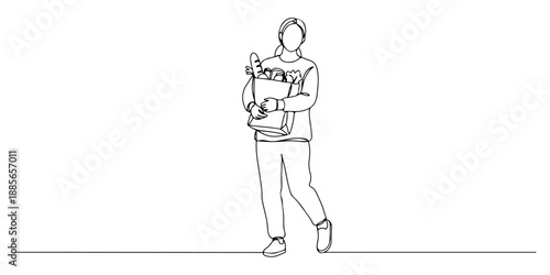 Continuous one line of a person carrying groceries in a paper bag, symbolizing freshness, lifestyle, and sustainability, drawn vector illustration.