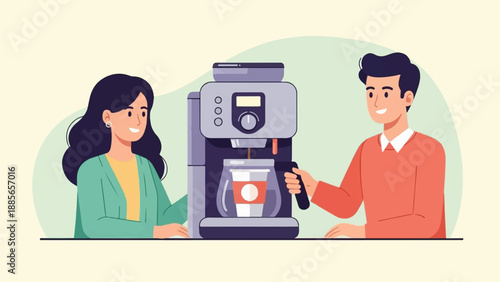 Duo enjoys fresh coffee from machine, beaming with smiles