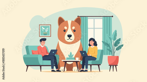 Duo of people working on laptops with a large dog and plant