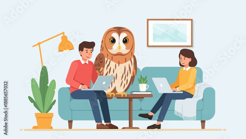 Duo on couch with owl, laptops, and houseplant