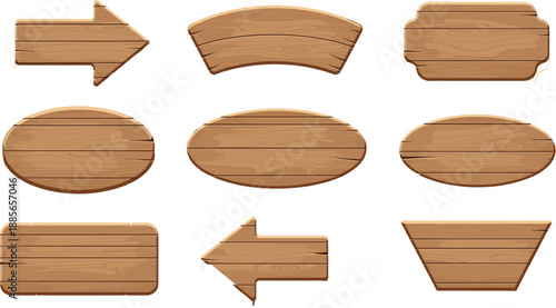 Wooden signboard collection vector illustration set featuring rustic wood arrows, boards, and labels for direction, menu, and vintage design projects