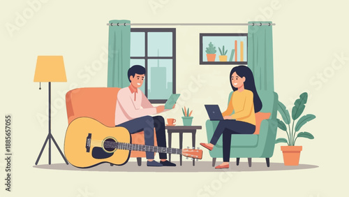 Duo relax indoors, one with laptop, other with guitar and book