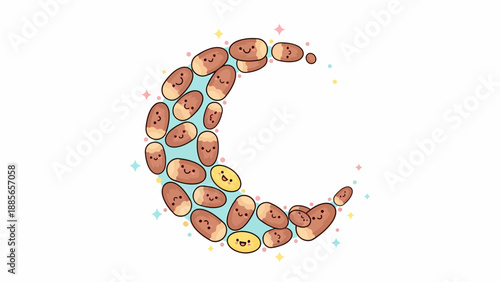 Colorful Donuts Forming Crescent Moon Shape.