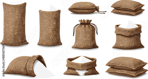 Burlap sack collection vector illustration set featuring realistic jute bags filled with flour, grain, or sugar for packaging and agriculture designs