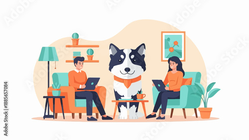 Duo work from home with a happy dog in cozy modern living room