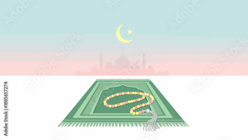 Prayer Rug with Prayer Beads and Quran.