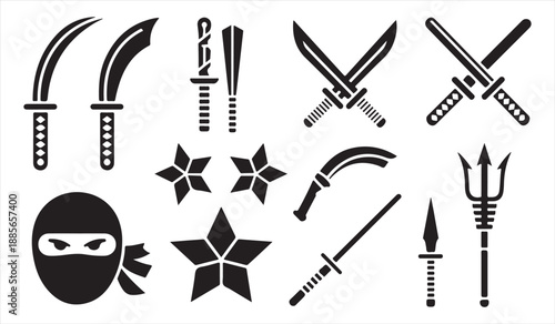 Black silhouette ninja weapons and combat symbols