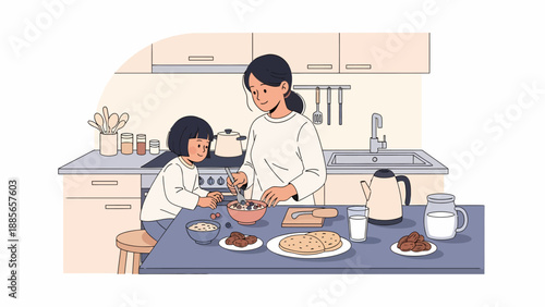 Mother and Child Cooking Together in Kitchen.