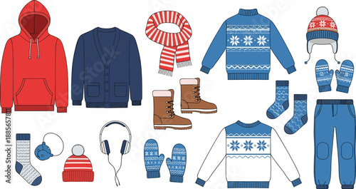 Winter clothing icon set, flat design illustration, cold weather outfit accessories, sweater, scarf, boots, hat, mittens, socks