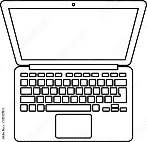 Minimalist black and white line art drawing of an open laptop computer