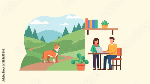 Duo works on laptop near dog in green, hilly landscape