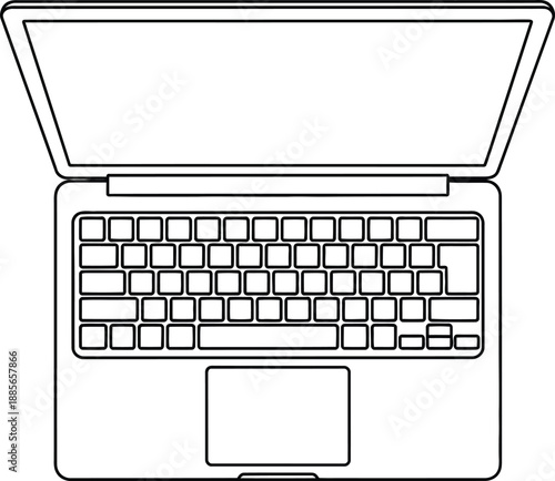 A minimalist black and white line art illustration of an open laptop computer
