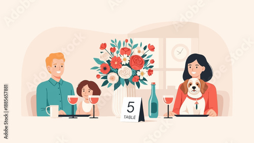 Family and pet enjoy a meal at a table with flowers