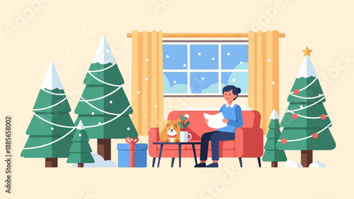 Cozy winter scene with a person reading by the window, a dog on the couch