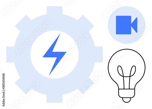 Renewable energy, creative solutions, innovation, technology trends, idea generation, visual media. A gear with a lightning bolt, video icon and lightbulb. Energy innovation and creative solutions