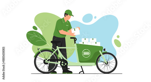 EcoFriendly Delivery Courier Loading Packages on Cargo Bicycle.