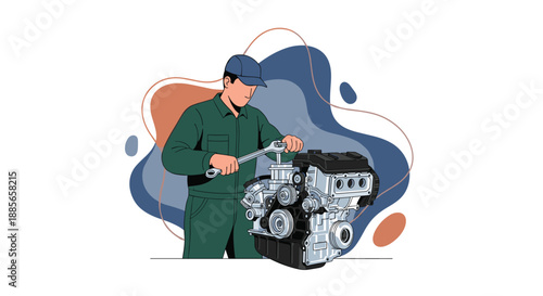 Mechanic Repairing Engine Professional Technician Working on Motor.