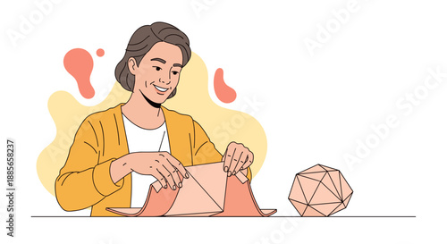 Smiling Woman Folding Paper Origami with Focused Concentration and Skill.