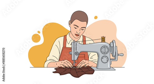 Skilled Seamstress Working Intently on a Vintage Sewing Machine.