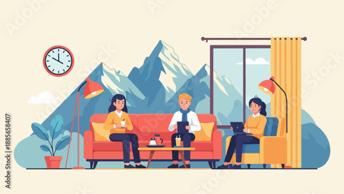 Cozy mountain view living room with people relaxing and working