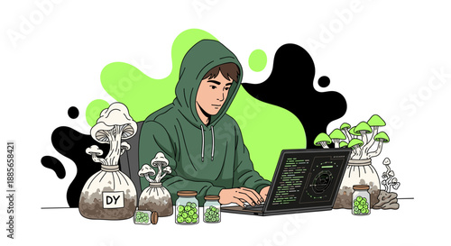 Young Man in Green Hoodie Working on Laptop with Mushrooms.