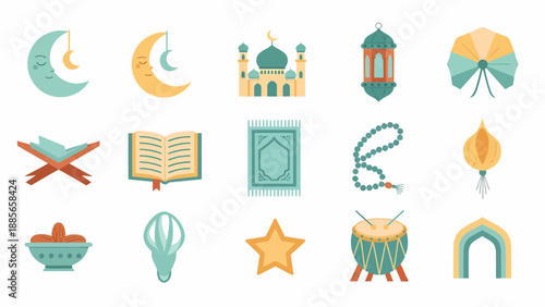 Islamic Symbols and Icons Set Illustration.