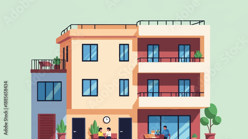 Cozy multi-story dwelling with balconies, windows, and inhabitants