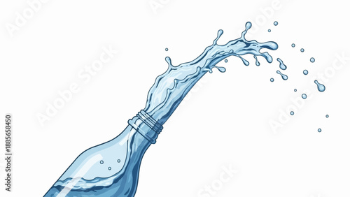 Dynamic water splash erupting from a clear bottle, white background